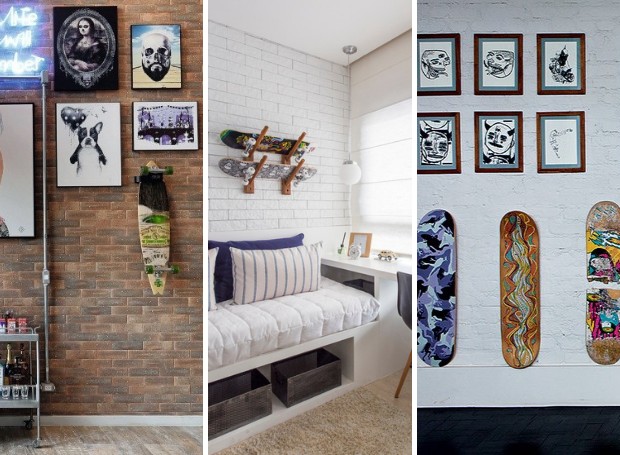 decoração de quarto com skate na parede
