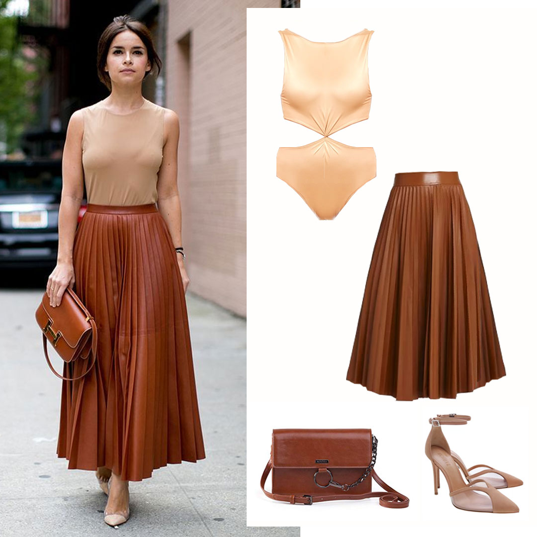 looks com saia midi plissada