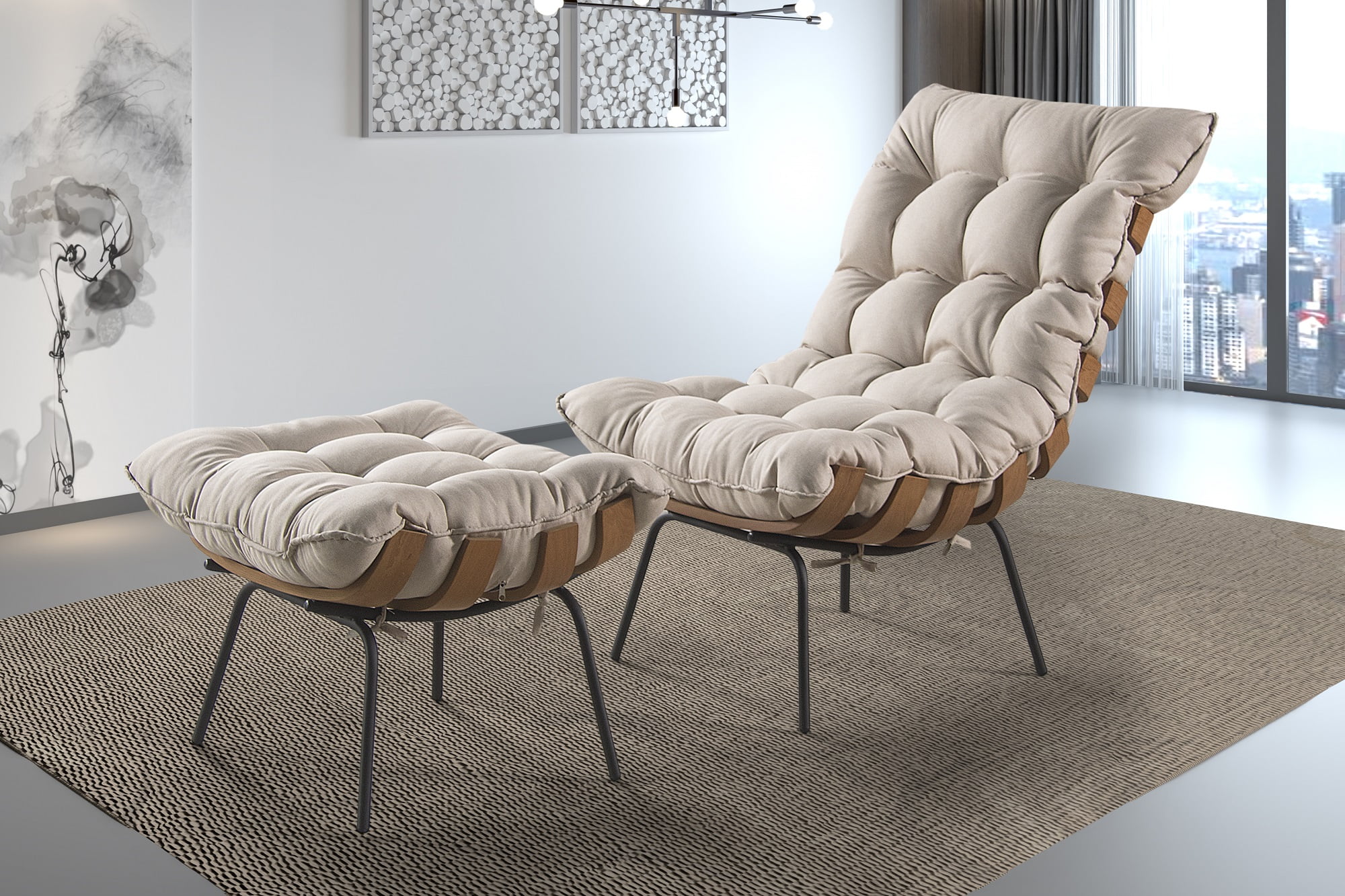 poltrona costela com puff no quarto