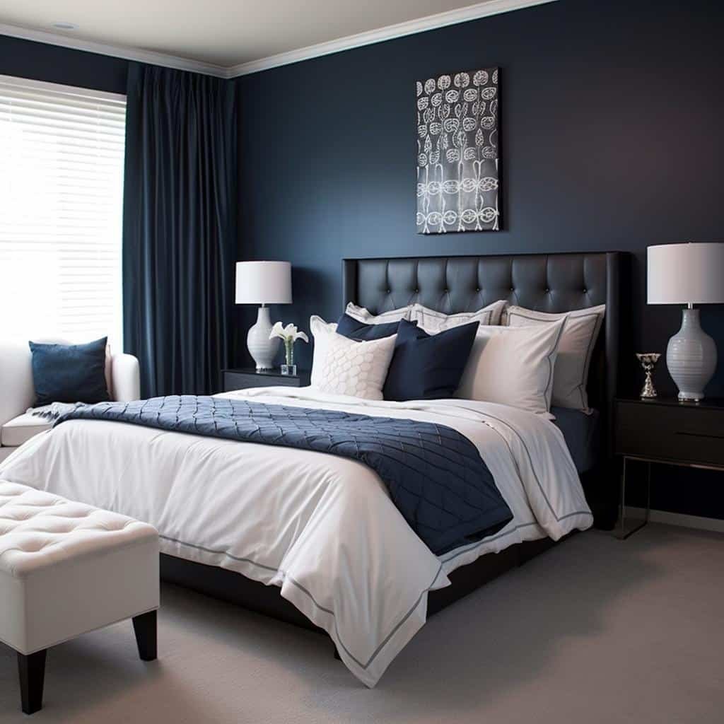 quarto azul marinho e branco