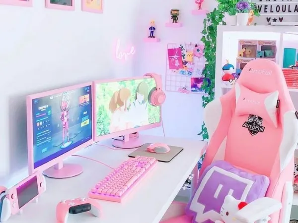 quarto gamer branco e rosa