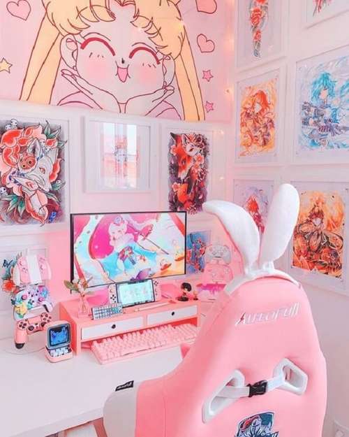 quarto gamer branco e rosa