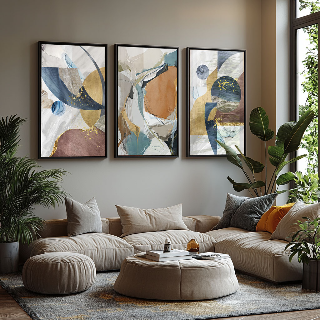 quadros abstratos coloridos vs tons neutros para quarto