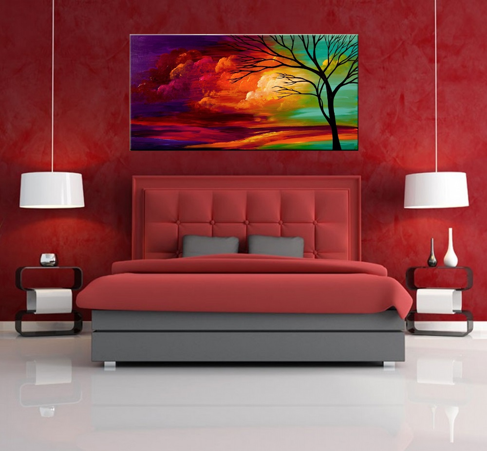 ideias de decoração de quarto com quadros abstratos coloridos