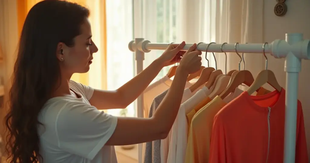 Quarto com arara de roupas de cano PVC: a solução de R$ 150 que organiza sem reforma