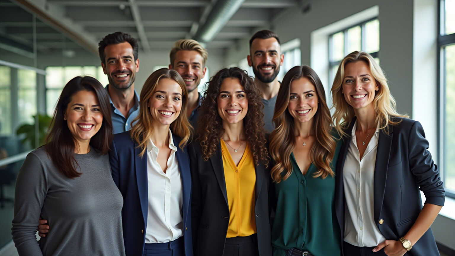 Profissionais brasileiros sorrindo e discutindo plano de saúde empresarial em escritório moderno.