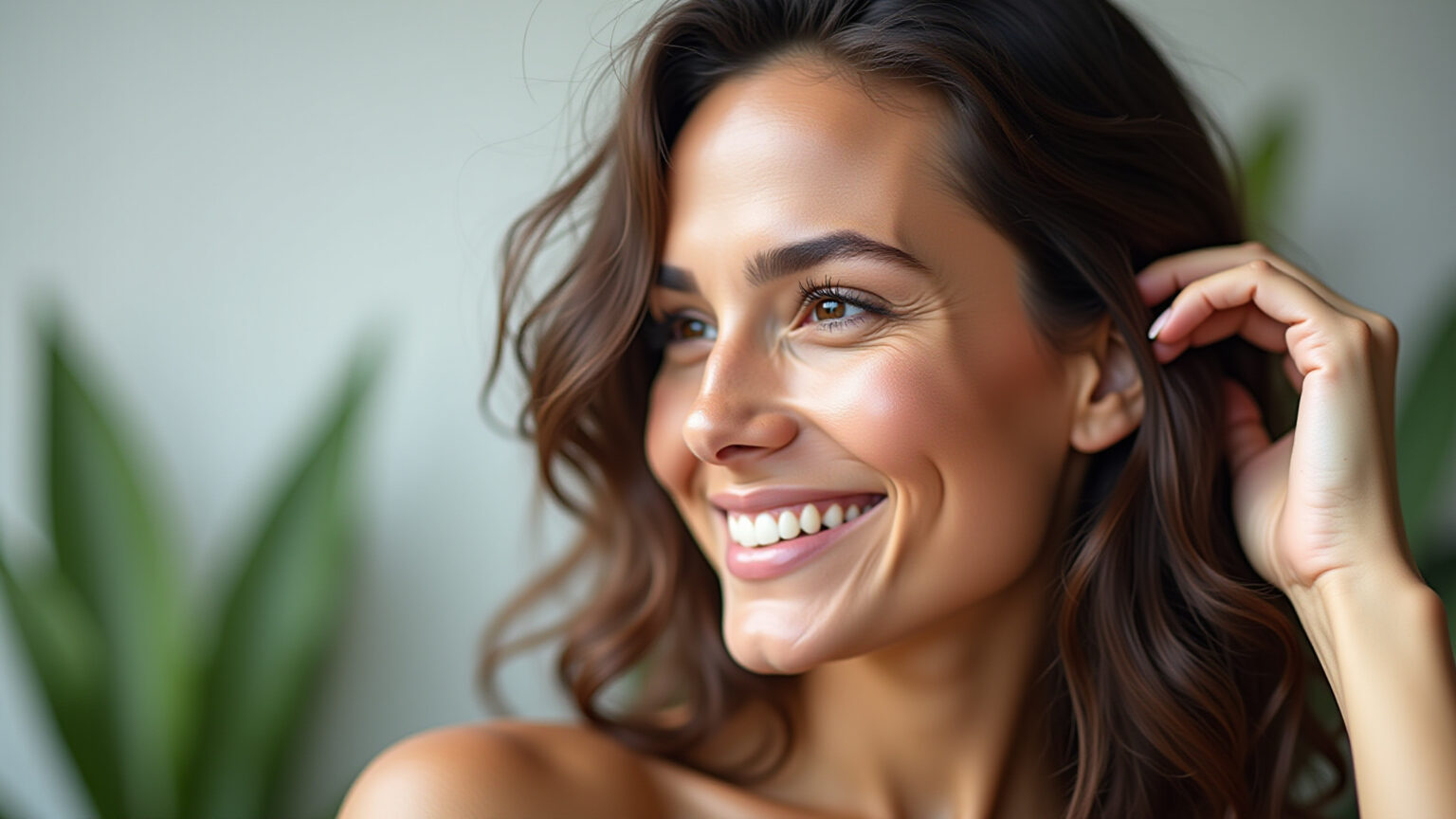 Mulher brasileira com couro cabeludo saudável e cabelo brilhante sorrindo confiante.
