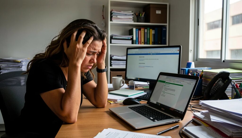 Mulher frustrada no computador com emails não entregues