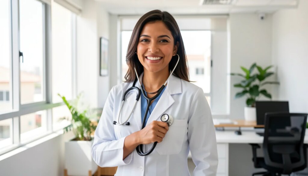 Os Inúmeros Benefícios de ter um Médico de Família para sua Jornada de Bem-Estar Médica de família sorrindo em consultório moderno