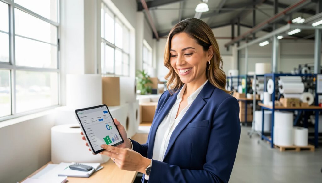 Mulher sorrindo em escritório industrial com tablet mostrando sistema ERP.