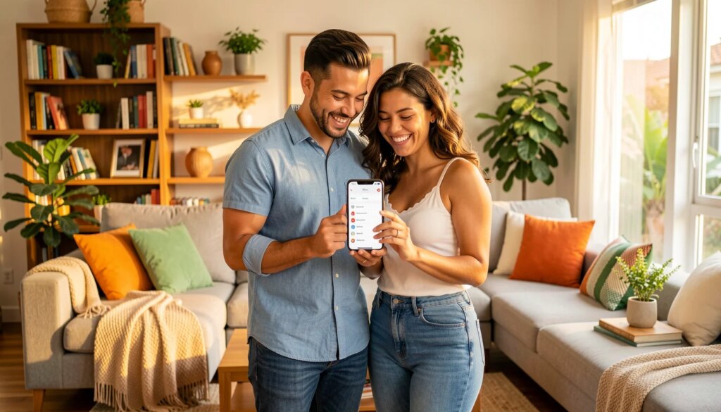 Pedir dinheiro na lista de casamento: confira dicas para fazer isso da melhor forma Casal feliz segurando celular com lista de casamento em dinheiro em sala moderna