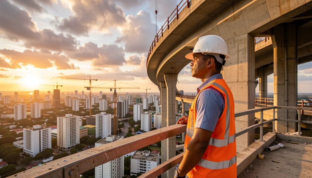 Engenheiro civil em ponte em construção ao pôr do sol, infraestrutura e desenvolvimento urbano.