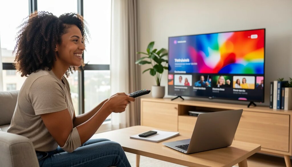 DintStudio.com.br é seguro? Saiba o que avaliar antes de contratar Mulher sorridente avaliando serviço de streaming na TV de casa