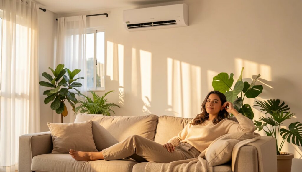 Como economizar energia usando ar-condicionado? Mulher relaxando em sala moderna com ar-condicionado de parede, cortinas fechadas e luz natural.